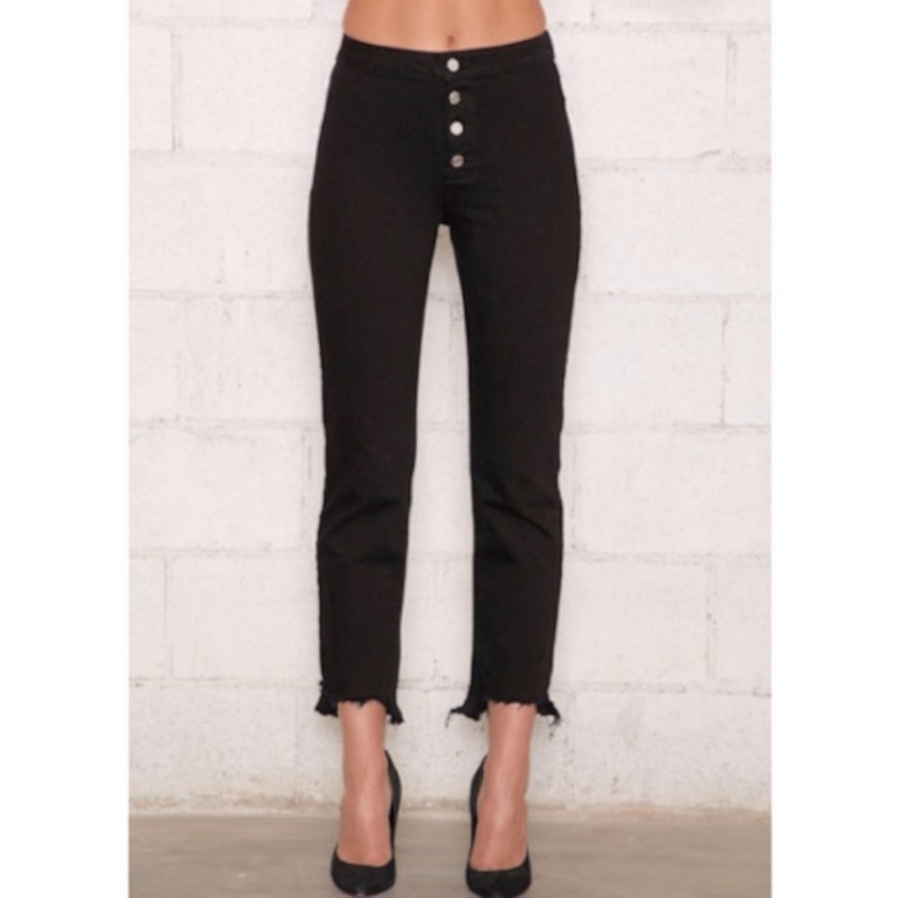 RtA Max High-Rise Button-Front Jeans with Frayed‎ Hem Jet Black Size 26
